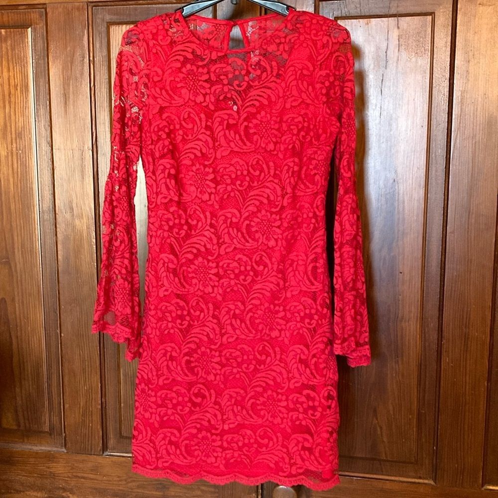 New York & Company Red Lace Flare Long Sleeve Floral Mini Dress Size S